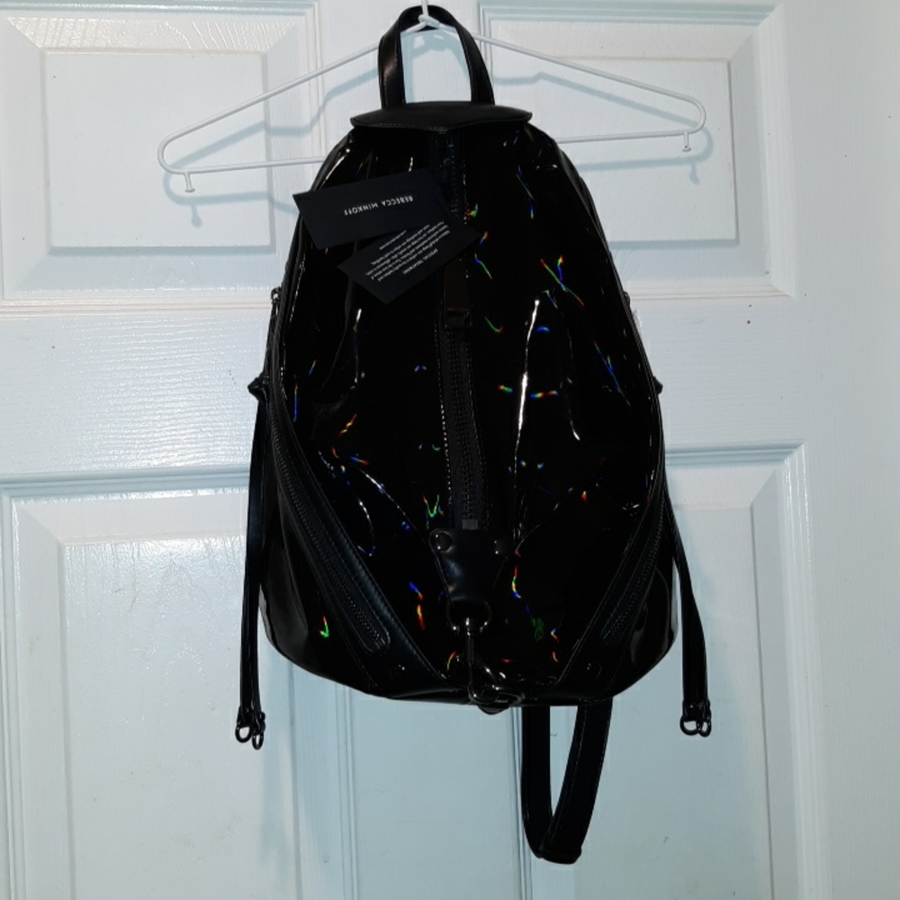 Rebecca Minkoff "Julian" Holographic Black/Black Nylon Medium Zip Backpack - Picture 3 of 17